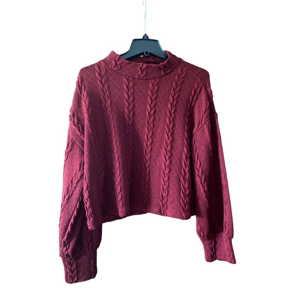 Impressions Burgundy Cable Knit Cropped Sweater‎ with Balloon Sleeves Size M